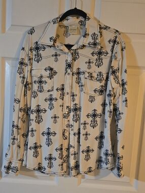 LG Cowboy Shirt Rhinestone Snaps White Shirt with Black Crosses Ornate Print